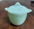 Vintage 1940's Jadite Fire King Oven Glass Jane Ray Ribbed Sugar Bowl w/Lid