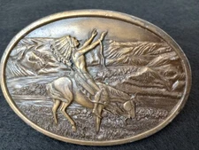 1977 Chief Joseph Belt Buckle Siskiyou Arroyo Grande Leather Belt Stamped Horses