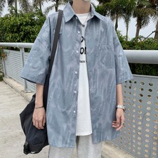Mens Casual Shirt Water Ripple Print Loose Short Sleeve Blouse Summer Beach