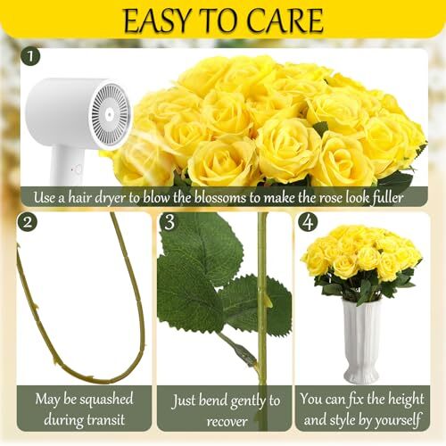 36 Pezzi Bouquet di Rose di Seta Fiori Artificiali da Sposa,Rosa Finta Stelo Lungo Giallo - Foto 5 di 7
