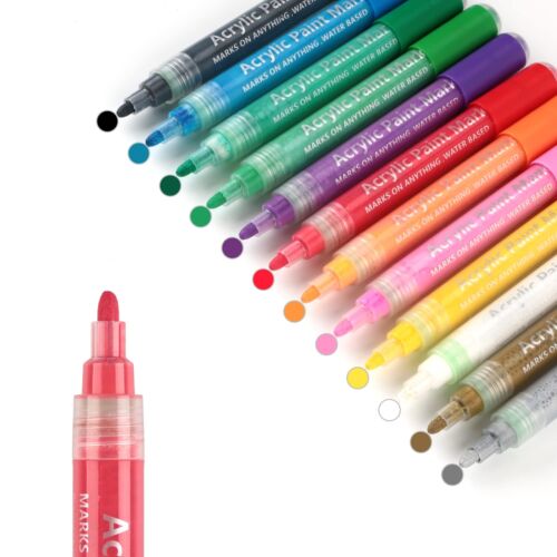 Acrylic Paint Markers 12 Colors with 3-6mm Reversible Tips Water-Based Acryli...