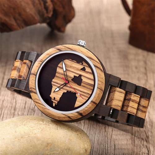 Reloj de pulsera analógico de cuarzo bambú hecho a mano con patrón de oso polar para hombre correa de madera - Imagen 3 de 8