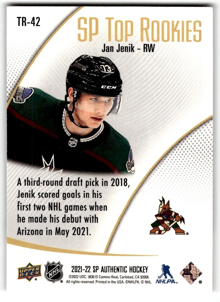2021-22 SP Authentic Top Rookies Jan Jenik Rookie #TR-42 - Image 2 of 2