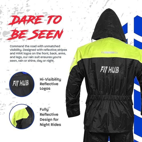 BLACK Motorcycle Rain Suit Two-Piece Waterproof Gear Reflective Rain Jacket Pant - Picture 16 of 18