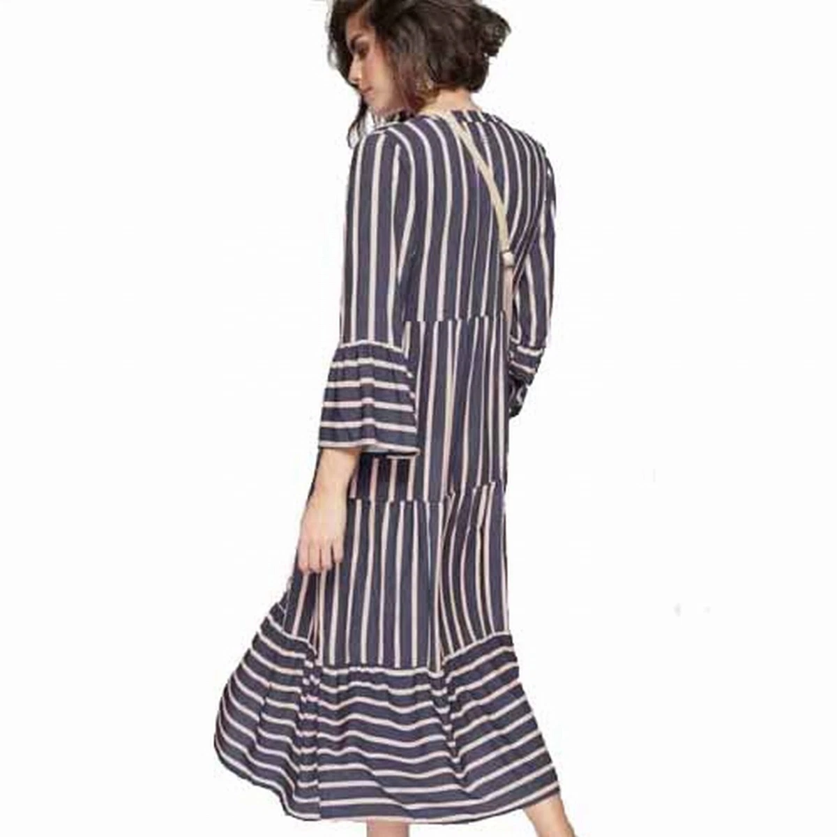 Plunge Neck Frill Sleeve Maxi Dress by Tamaris in Blue Beige Size 18
