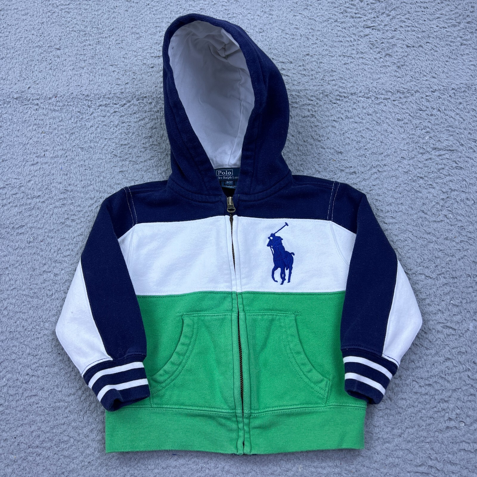 Polo Ralph Lauren bambino felpa con cappuccio e zip 3T Big Pony verde navy felpa a righe