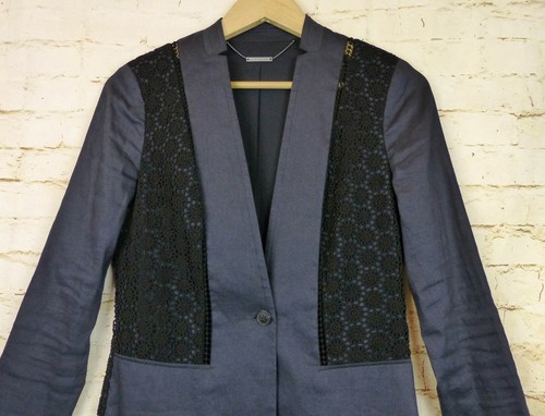 Blazer Elie Tahari Mujer US 2 Azul Bonnie Lino Floral Crochet Panel de Encaje $448 - Imagen 3 de 12