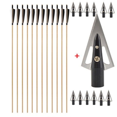 31.5" Wooden Arrow Shaft 5"Turkey Feather Hunting Points Longbow Archery Target - Picture 24 of 28