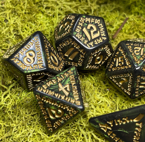 Gold Runic Forest Green - 7 Piece Tabletop Gaming DND RPG Polyhedral 5e Dice Set - Picture 3 of 7