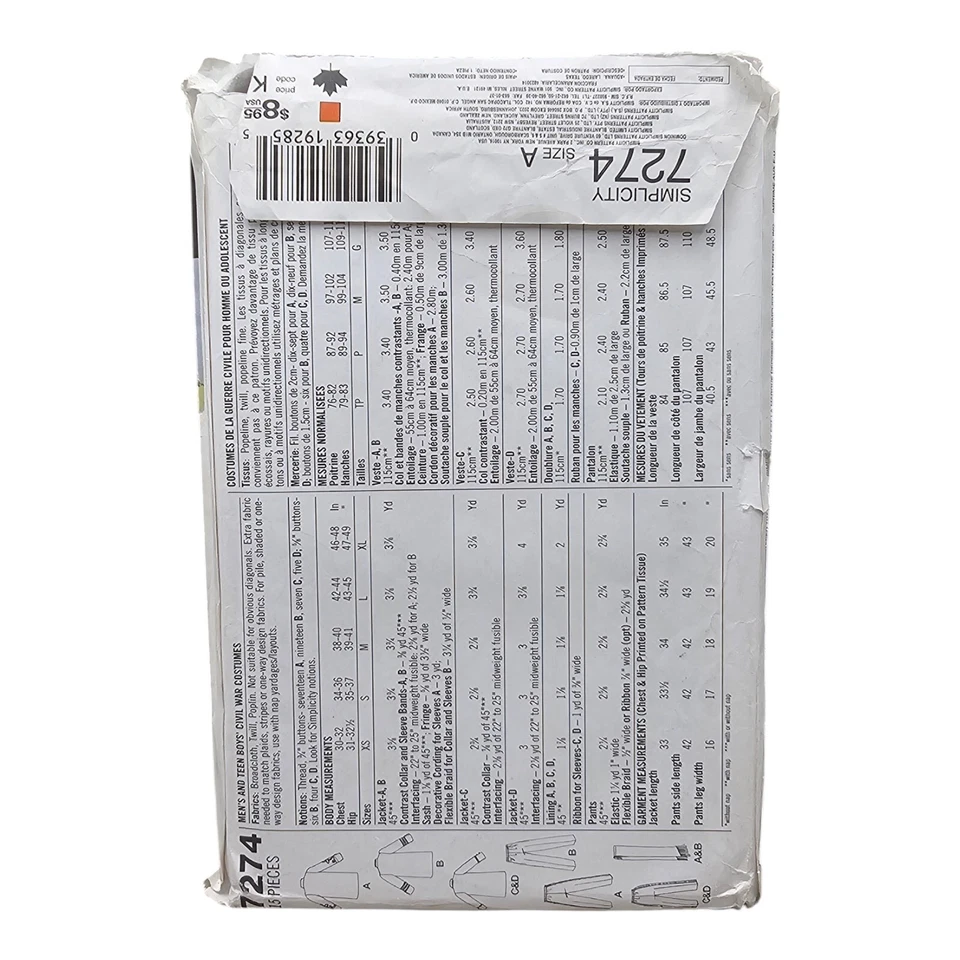 Men's & Teen Civil War Uniforms Costume Simplicity 7274 Sewing Pattern XS-XL UC - Image 3 of 3