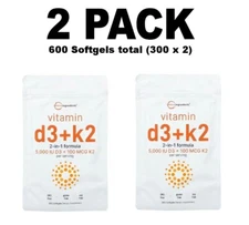 Micro Ingredients, Vitamin D3 + K2, 2 PACK, 300 Softgels each (600 total!)