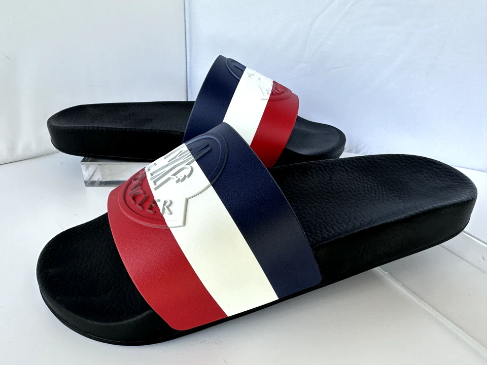 New Moncler Men's Basile Slider Pool Sandals Size 12 Rubber Logo Blue - Image 3 of 4