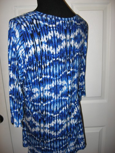Karen Kane, blau & weiß Batik, Viskose/Elasthan Strick, Tunika, V-Ausschnitt, 3/4 Slv, 0X - Bild 5 von 9