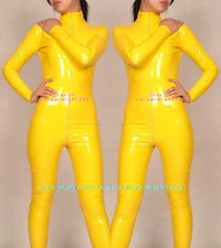 Yellow Shiny PVC Women Jumpsuits Bodysuit Catsuit Costumes Front Long Zip F785