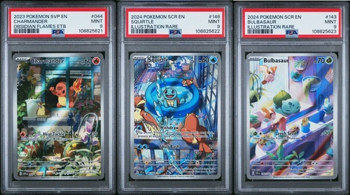 2024 CHARMANDER #044 BULBASAUR #143 SQUIRTLE #148 ILLUSTRATION RARE PSA9 SEQ SET
