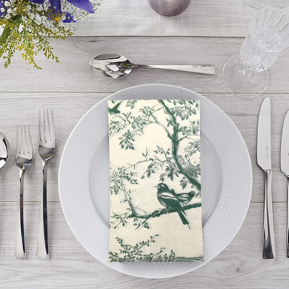 50 Pack Green Toile Paper Napkins, Special Birds and Tree Decorative Disposable - Image 4 of 4