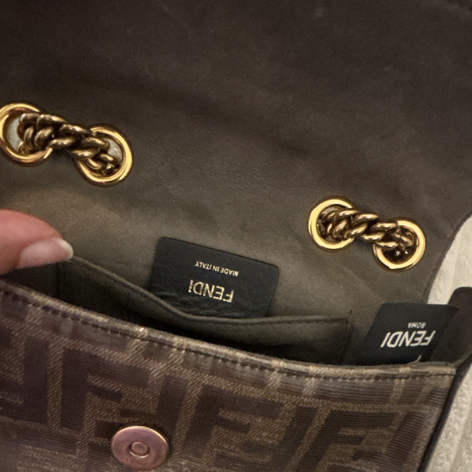 Fendi Brown Monogram Flap Shoulder Bag Magnetic Closure Gold Chain Strap Zucca — image 10