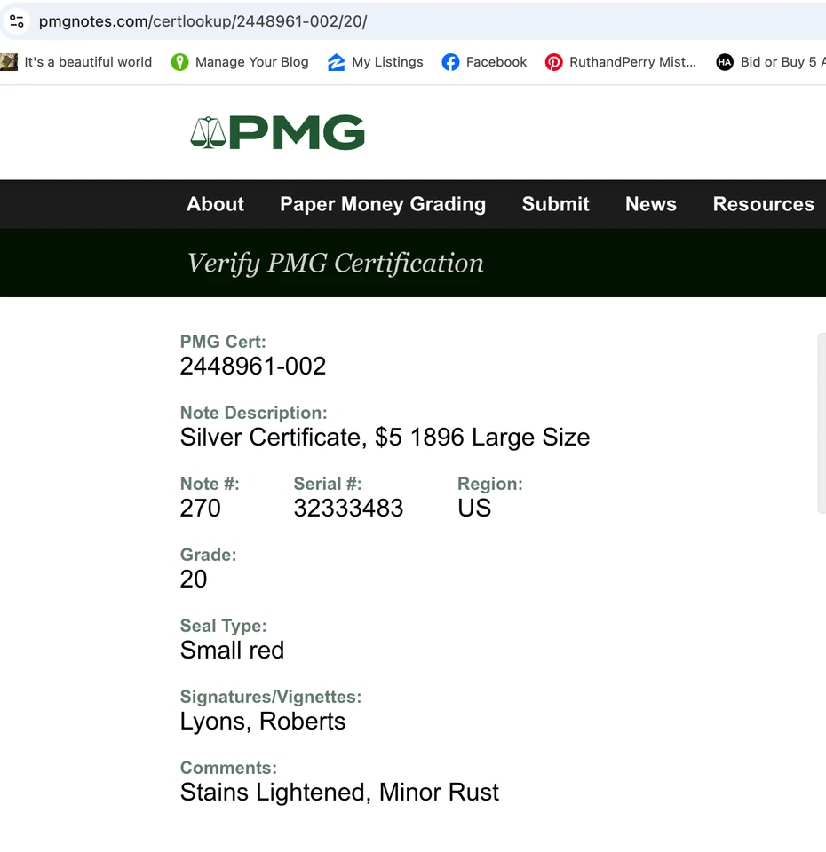 FR 270 1896 CERTIFICADO EDUCATIVO DE PLATA DE $5 DÓLARES, LYONS/ROBERTS, ELECTRICIDAD Foto 3 de 3