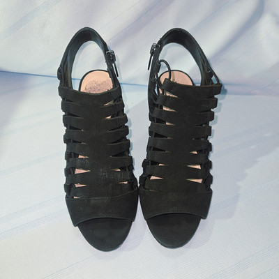 Vince Camuto Black Suede Strappy Cut-Out Open Toe Ankle Strap Zip Heel 7 M