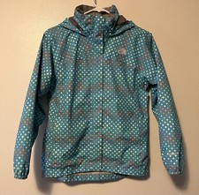 THE NORTH FACE Girls Large 14-16 Blue Polka Dot Rain Jacket Hooded Pockets