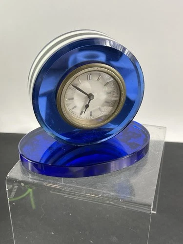 Early ART DECO CHESLER PRODUCTS BLUE MIRROR GLASS DESK PEDESTAL 5" CLOCK