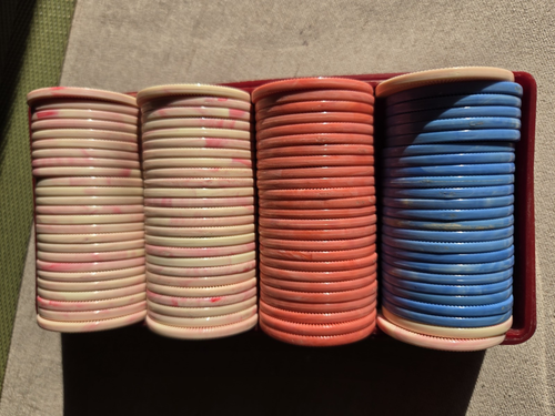 Vintage Marbled Celluloid Poker Chips Set of 100 w/Box Stanton Bros. Chicago - Picture 8 of 12
