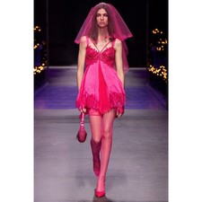 NWT Versace Runway Mini Dress IT 44 US 8 Pink Lace Trim Satin Silk $7,650