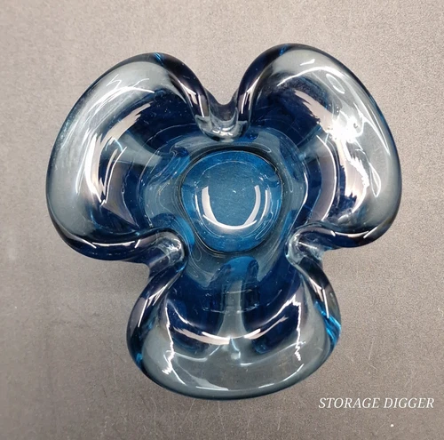 Vintage Murano Style Art Glass Ashtray Bowl Bright Blue Curled Rolled Edge 4"