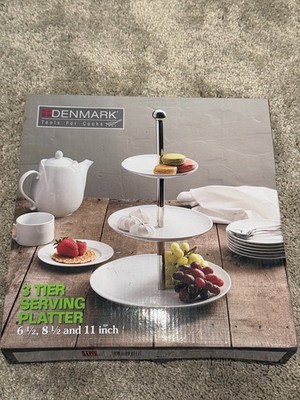 Denmark Tools for Cooks 3 Tier Serving Platter White Plates Metal Stand NIB