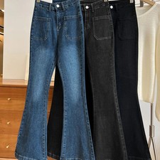 New High Waist Trousers Loose Washed Jeans Pockets Slim Denim Flare Classic Wome