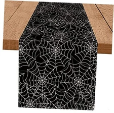 Halloween Table Runner Spider Web Black Linen Table Runners for Seasonal 