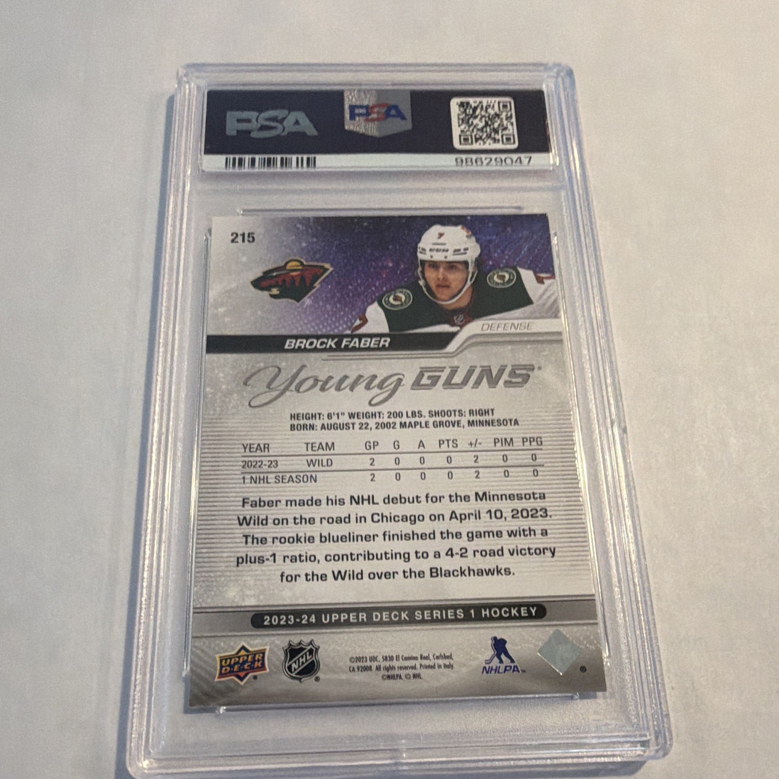 Upper Deck Young Guns Brock Faber #215 Rookie Auto PSA Auth 98629047 view 2