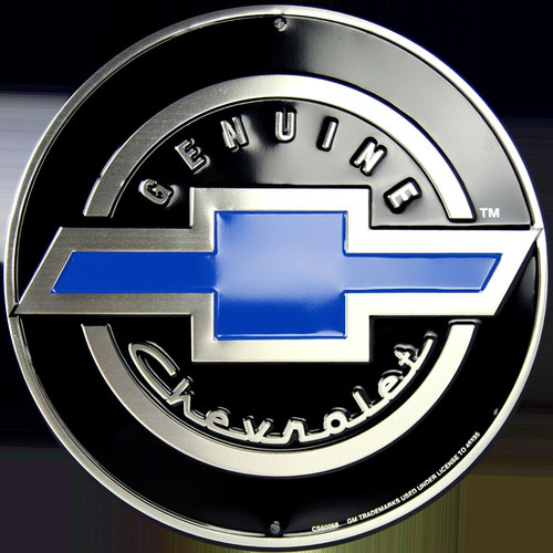 CHEVROLET GENUINE 12" ROUND METAL TIN EMBOSSED RETRO SIGN BLACK BLUE LOGO - Picture 2 of 5