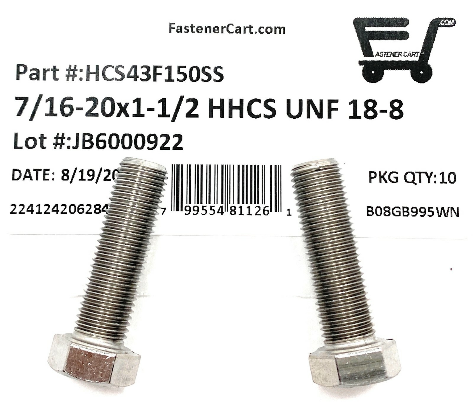 10-Piece 7/16-20x1 Stainless Steel Hex Bolts - UNF Fine Thread Cap Screws