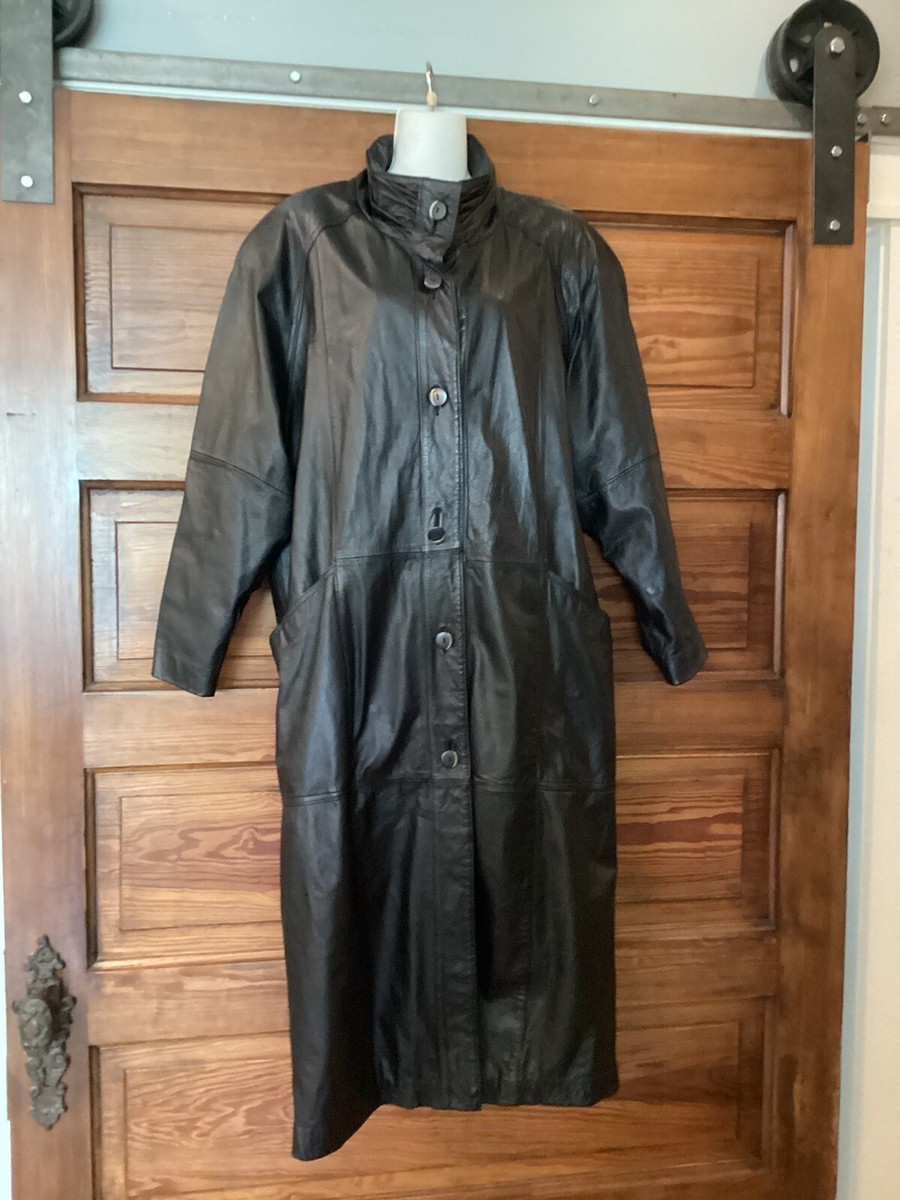 Vintage Pelle Black Leather Trench Coat Duster M Steampunk Gothic 90s 80s