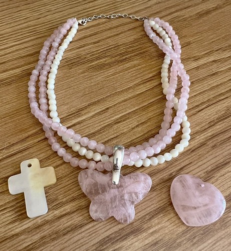Collana Ciondolo Vintage Quarzo Rosa Perla 3 Strade Farfalla Cuore Croce Sterling - Foto 3 di 8