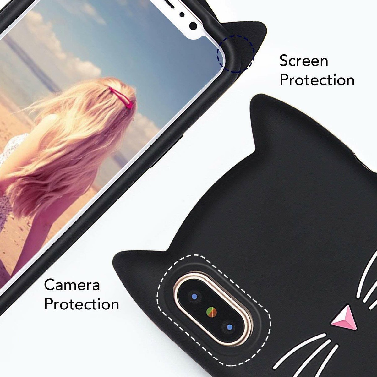 For iPhone XR Soft Rubber Silicone Case Cover Black Cat Whiskers  Ears