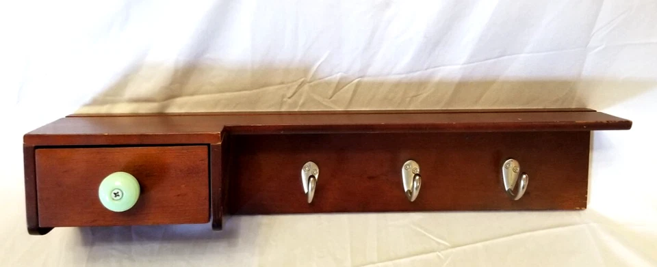 Montaje en Pared Madera Maciza 20" Estante 3 Llaves Abrigo Ganchos Jadita Tirar Cajón Placa Ranura Foto 2 de 4