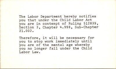 Childish Labor Act - Nutty Notices GEM Pub  PA Vintage HUMOR Postcard 1964