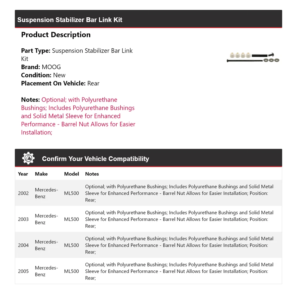 Kit de eslabones de barra estabilizadora de suspensión trasera MOOG para Mercedes-Benz ML500 2002-2005 Foto 2 de 4
