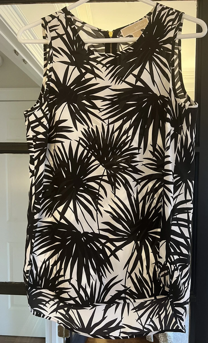Michael Kors MK Black White Palm Leaf Sleeveless Blouse Gold