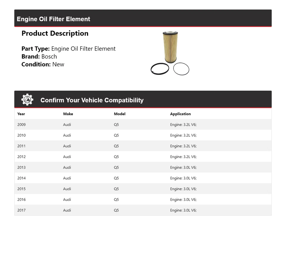 Filtro de aceite premium para Audi Q5 Bosch 2009-2017 2010 2011 2012 2013 2014 2015 Foto 2 de 3
