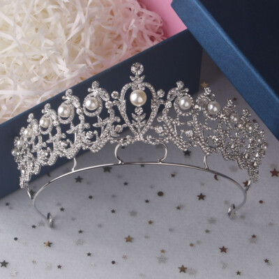 6cm Tall Leaf Pearl Crystal Tiara Crown Wedding Prom Queen  display picture 1