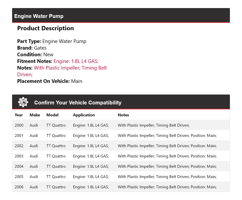 Ворота водяного насоса для газового двигателя Audi TT Quattro 1,8 л L4 2000-2006 годов выпуска 2001 2002 2003 годов выпуска - Изображение 2 из 4