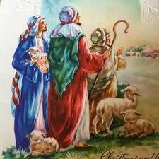 VTG Christmas Greeting Card Nativity Religious Shepherds in their fields embosse