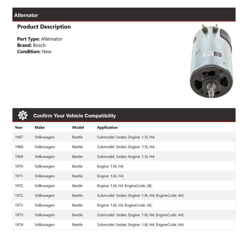 Alternador para Volkswagen Beetle Bosch 1967-1974 1968 1969 1970 1971 1972 1973 Foto 2 de 4
