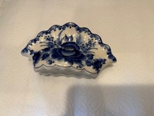 Gzhel Vintage Porcelain Napkins Holder Hand-painted Russia Marked and Signed
