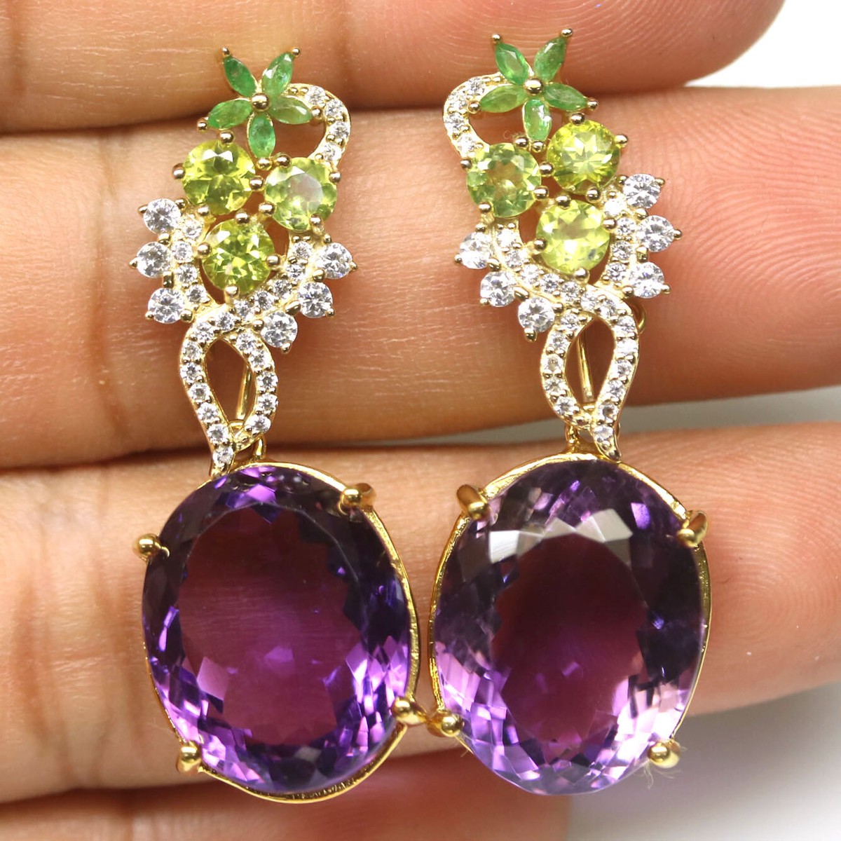 Gemstone Purple Amethyst, Peridot, Emerald & Cubic Zirconia