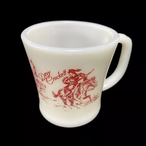 Fire King Davy Crockett Mug Cup 8oz RED PRINT Milk Glass Oven Ware Vintage