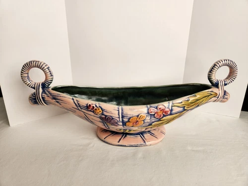 HULL POTTERY T10 BLOSSOM FLITE CONSOLE BOWL 16-1/2" LONG GLOSS PINK VASE 1955